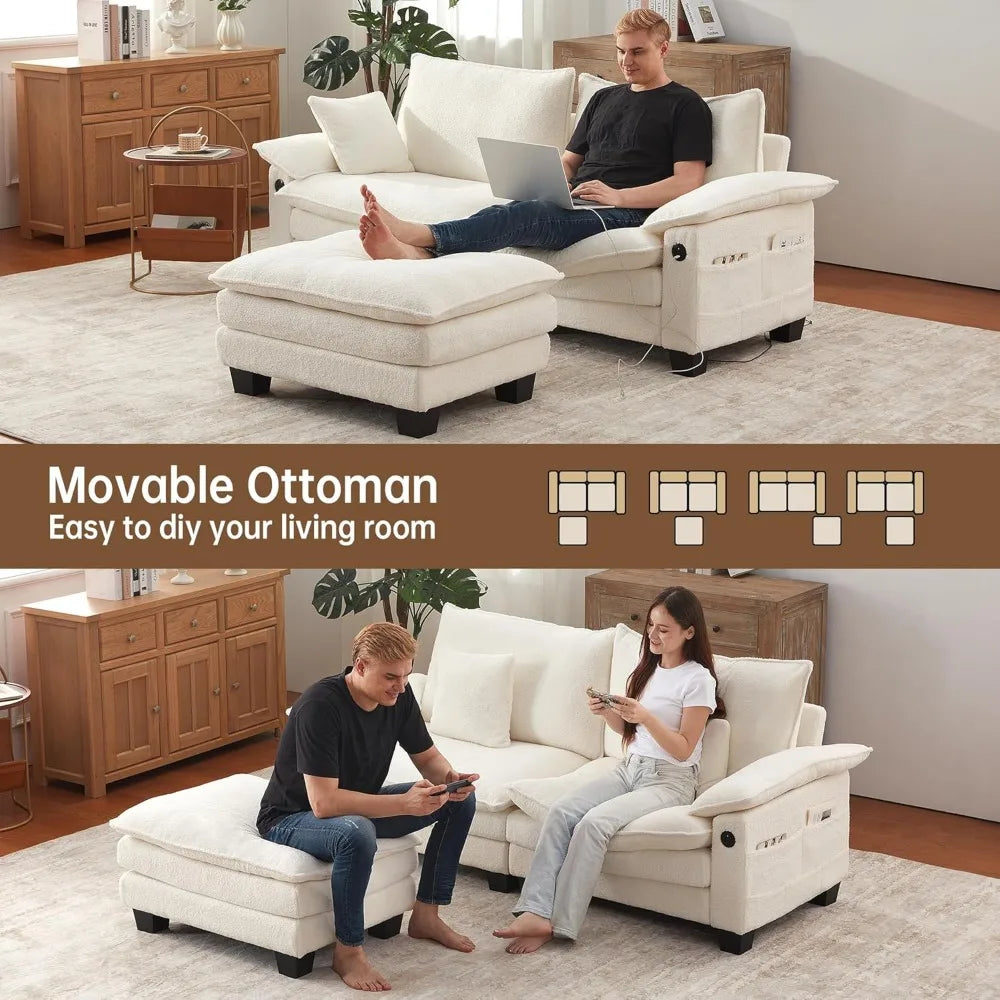 , 76.8’’ Loveseat Modular Sectional Sofa L Shaped Cloud Couch with USB, Side Pocket with Movable Ottoman