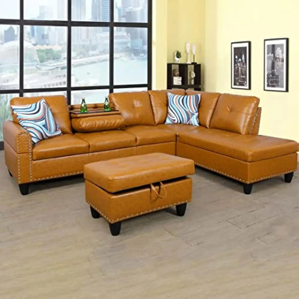 Sectional Sofa with Removable Storage Ottoman L-Shape Couch with Cupholder and Nailhead Trim 8" Faux Leather Sectional Sofa