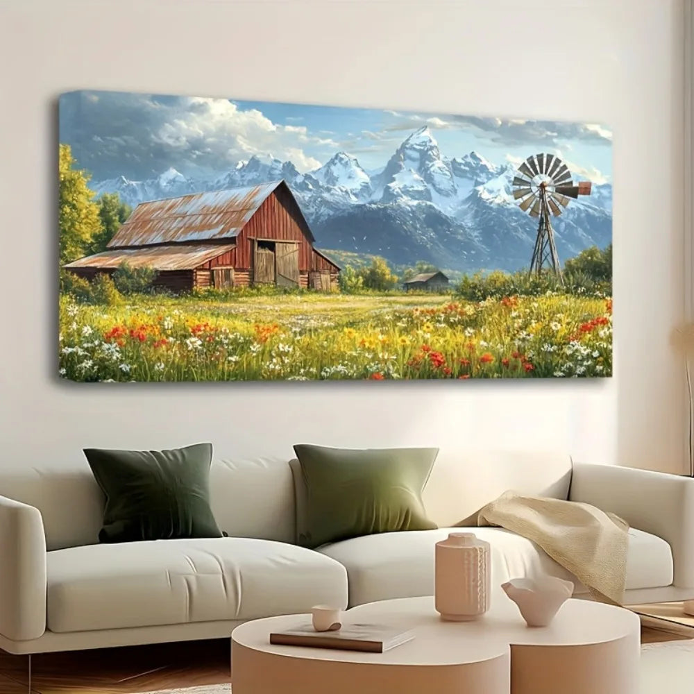 1.5 inch thick pine solid wood frame, natural canvas painting of country farmhouse, modern home art, interior decoration