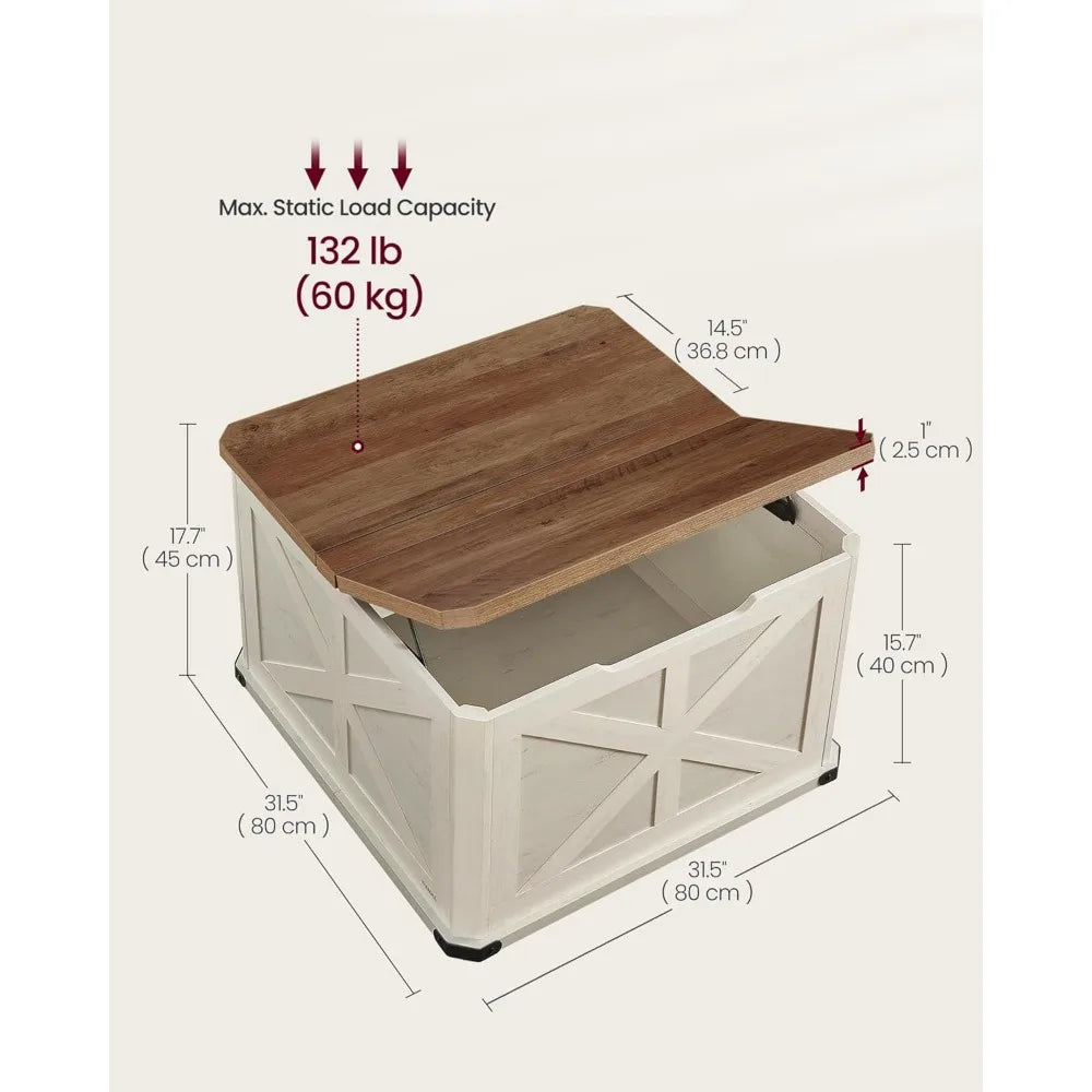 Farmhouse Coffee Table with Storage, Square Coffee Table for Living Room with Flip-Top Lids, Honey Brown and Rust