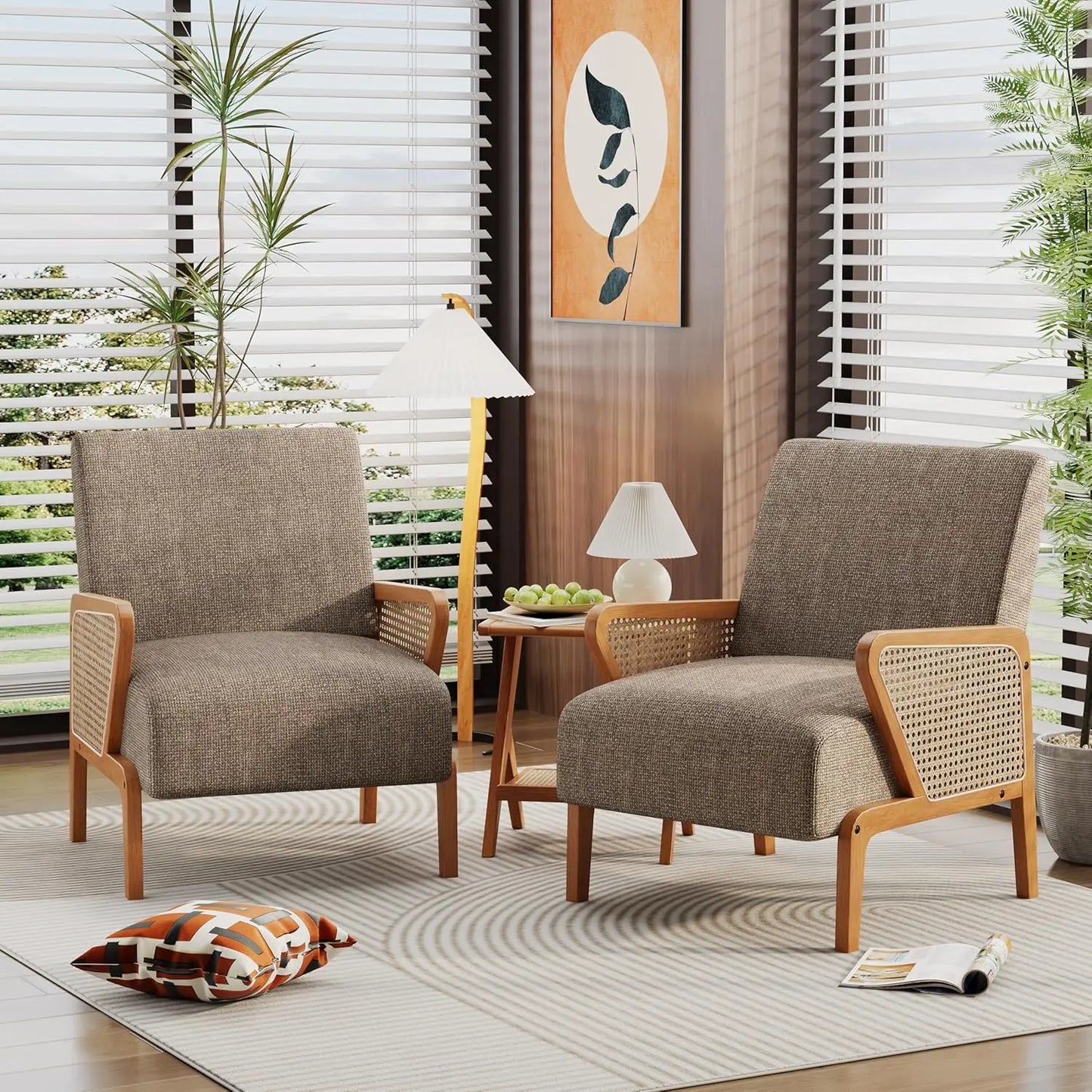 Natural Rattan Living Room Chairs Accent Chair Armchair Set of 2 Modern Fabric Slipper Club Chair