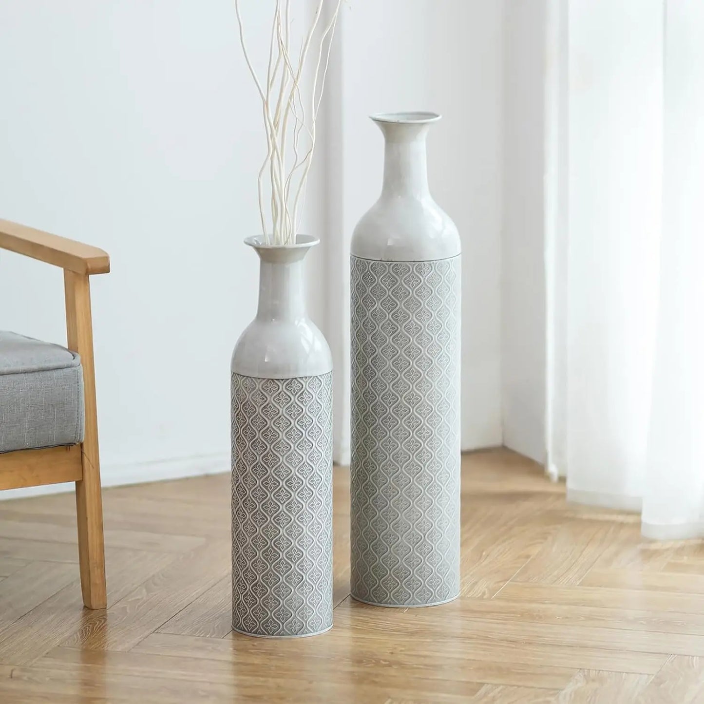 Set of 2 Big Metal Glazed Vases for Pampas Grass Twigs Vintage
