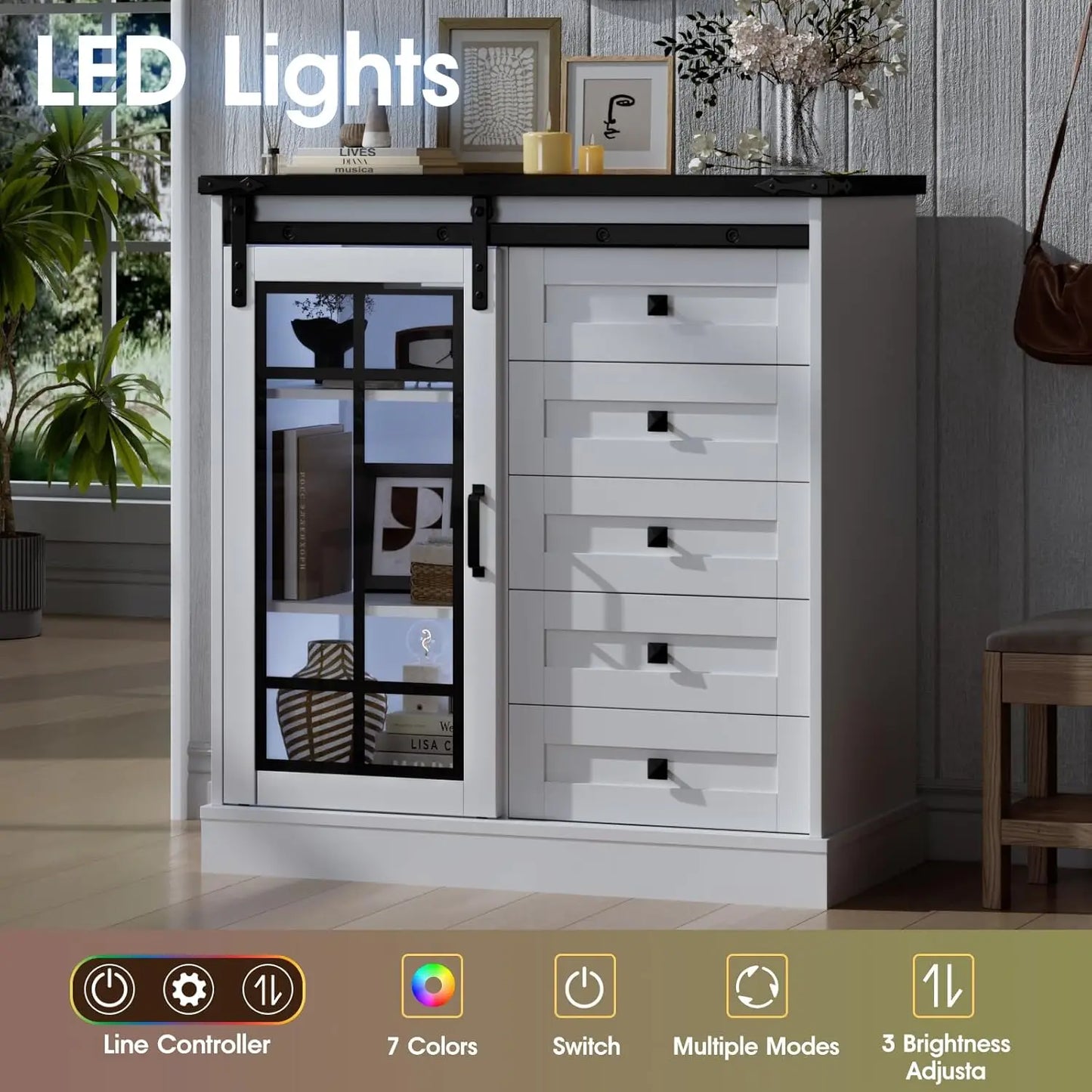 Dresser for Bedroom 6 Drawer Dresser with Slide Glass Door Farmhouse Tall Chest of Drawers Storage
