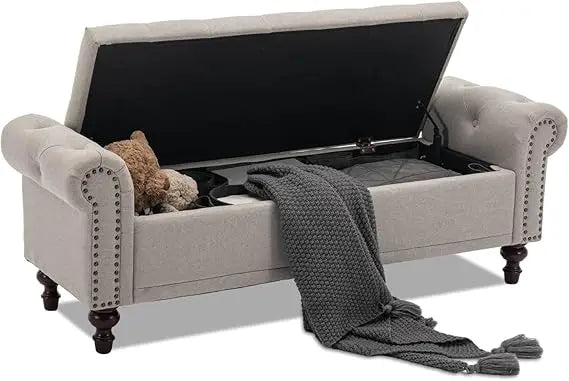 58.1'' Storage Bench Upholstered Linen, End of Bedroom Bed Bench, Ottoman with Tufted Cushion Rolled Arm Large Storage Space
