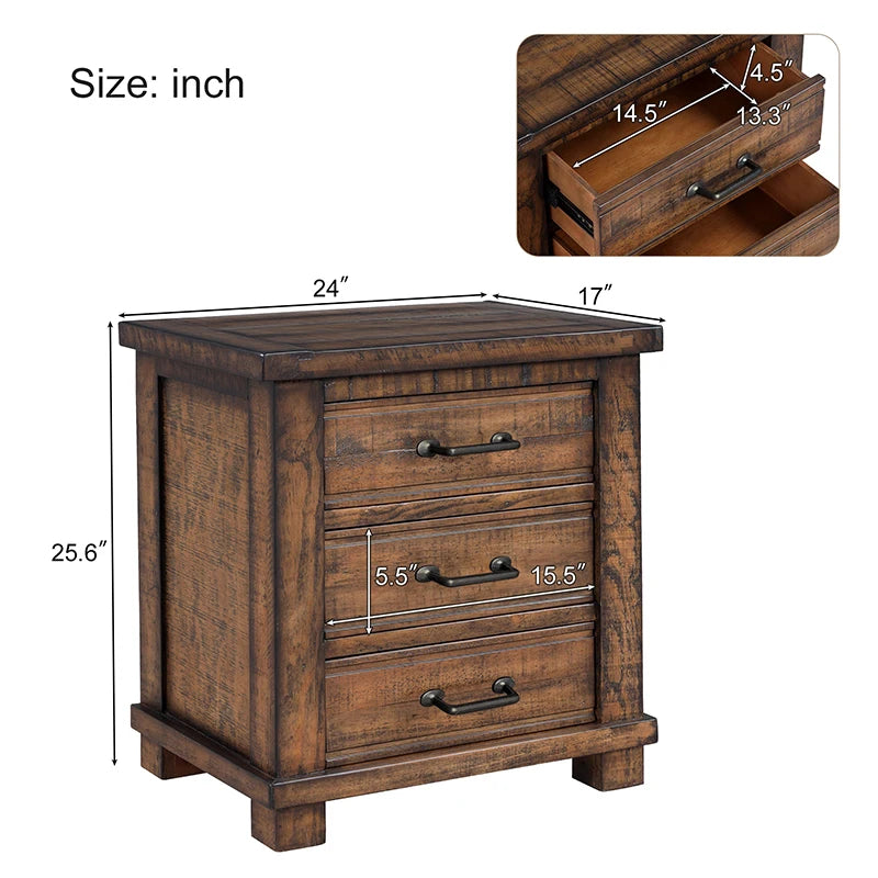 Rustic Three Drawer Reclaimed Solid Wood Farmhouse Nightstand End Table for Living Room/Bedroom