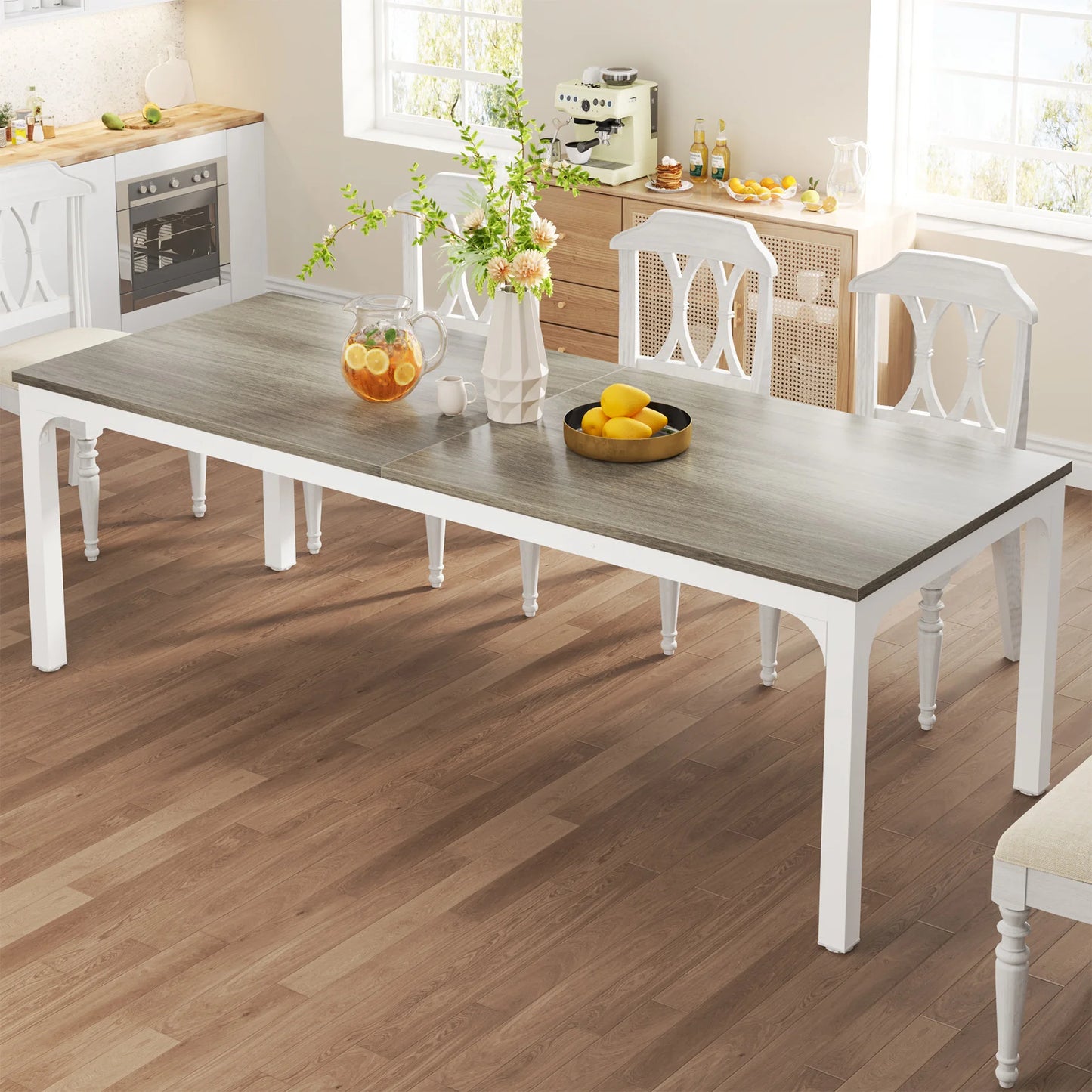 Dining Table for 6-8 People, 200cm Large Narrow Long Rectangular Kitchen Dinner Table, Rustic Wood