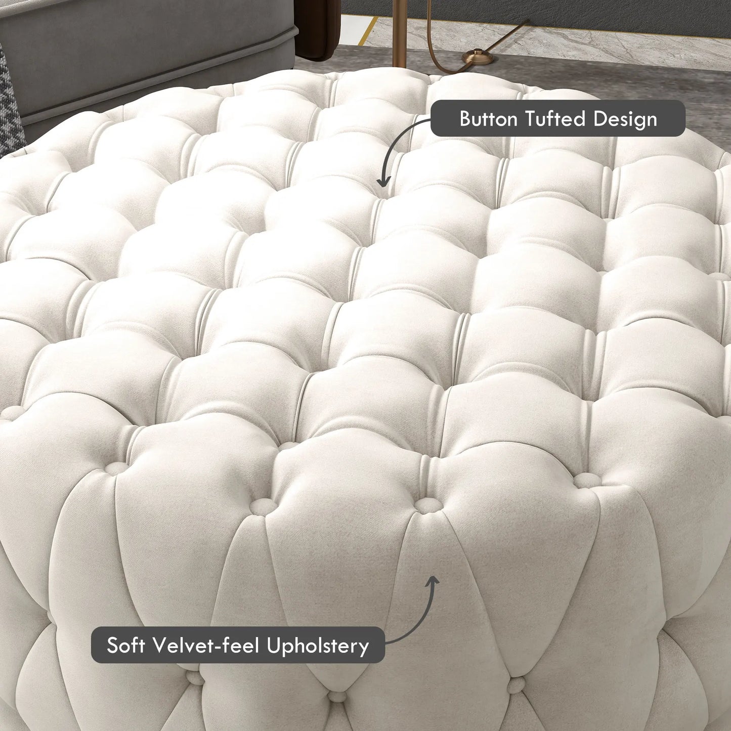 Button Tufted Ottoman Foot Stool with Velvet-feel Upholstery, Beige