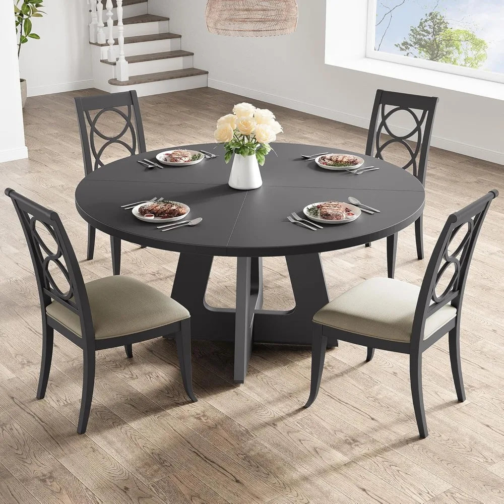 Farmhouse 47-Inch Round Large Dining Table Set for 4 to 6, with Wooden Top and Legs for Home Dining Room or Living