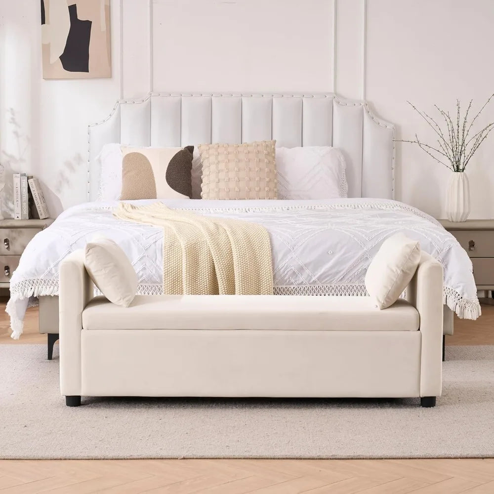 55" End of Bed Bench for King Size Bed, Upholstered Long Ottoman Bench with Arms and 2 Pillows