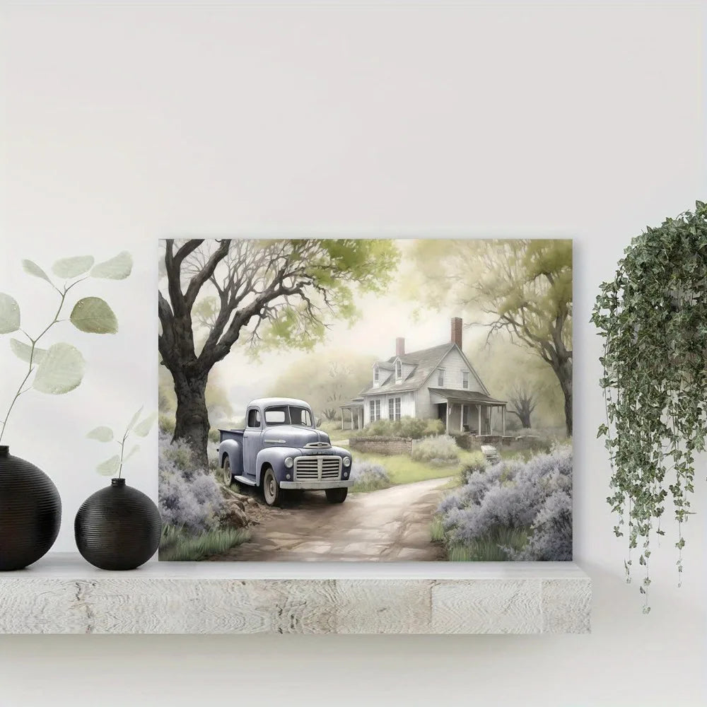 1.5 "chunky wood pine frame, interior decorative art, country farmhouse wood frame art, old truck and barn landscape paintings