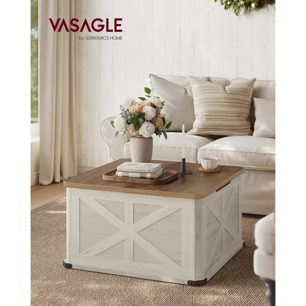 Farmhouse Coffee Table with Storage, Square Coffee Table for Living Room with Flip-Top Lids, Honey Brown and Rust