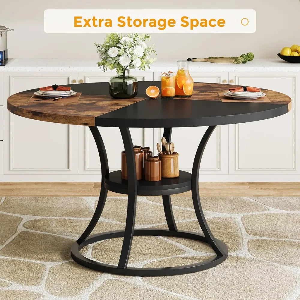 47 inch Wood Dining Room Table with Storage Shelf, Farmhouse Kitchen Table with Metal Base
