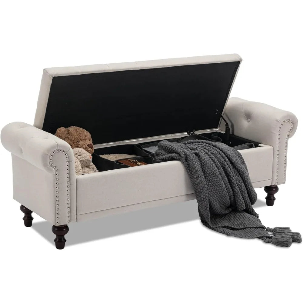 58.1'' Storage Bench Upholstered Linen, End of Bedroom Bed Bench, Ottoman with Tufted Cushion Rolled Arm Large Storage Space