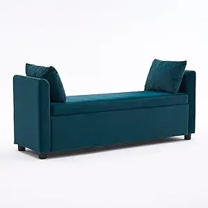 55" End of Bed Bench for King Size Bed, Upholstered Long Ottoman Bench with Arms and 2 Pillows