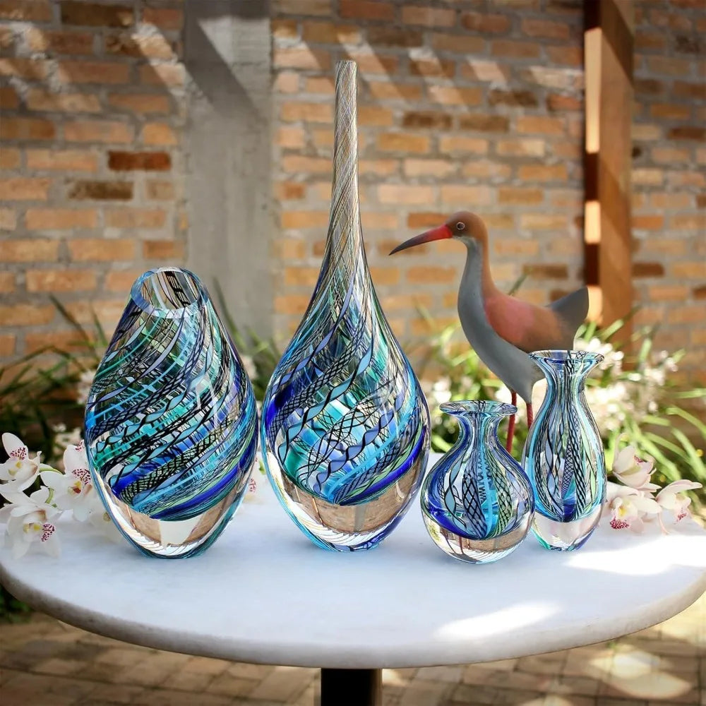 Drop Glass Vase Twisted Hippie Blue/Green Canes Hand Blown Murano-Style Art Glass