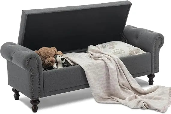 58.1'' Storage Bench Upholstered Linen, End of Bedroom Bed Bench, Ottoman with Tufted Cushion Rolled Arm Large Storage Space