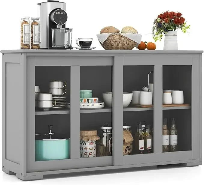 Buffet Sideboard with Storage, with Sliding Tempered Glass Cabinet & Adjustable Shelf, Stackable Storage