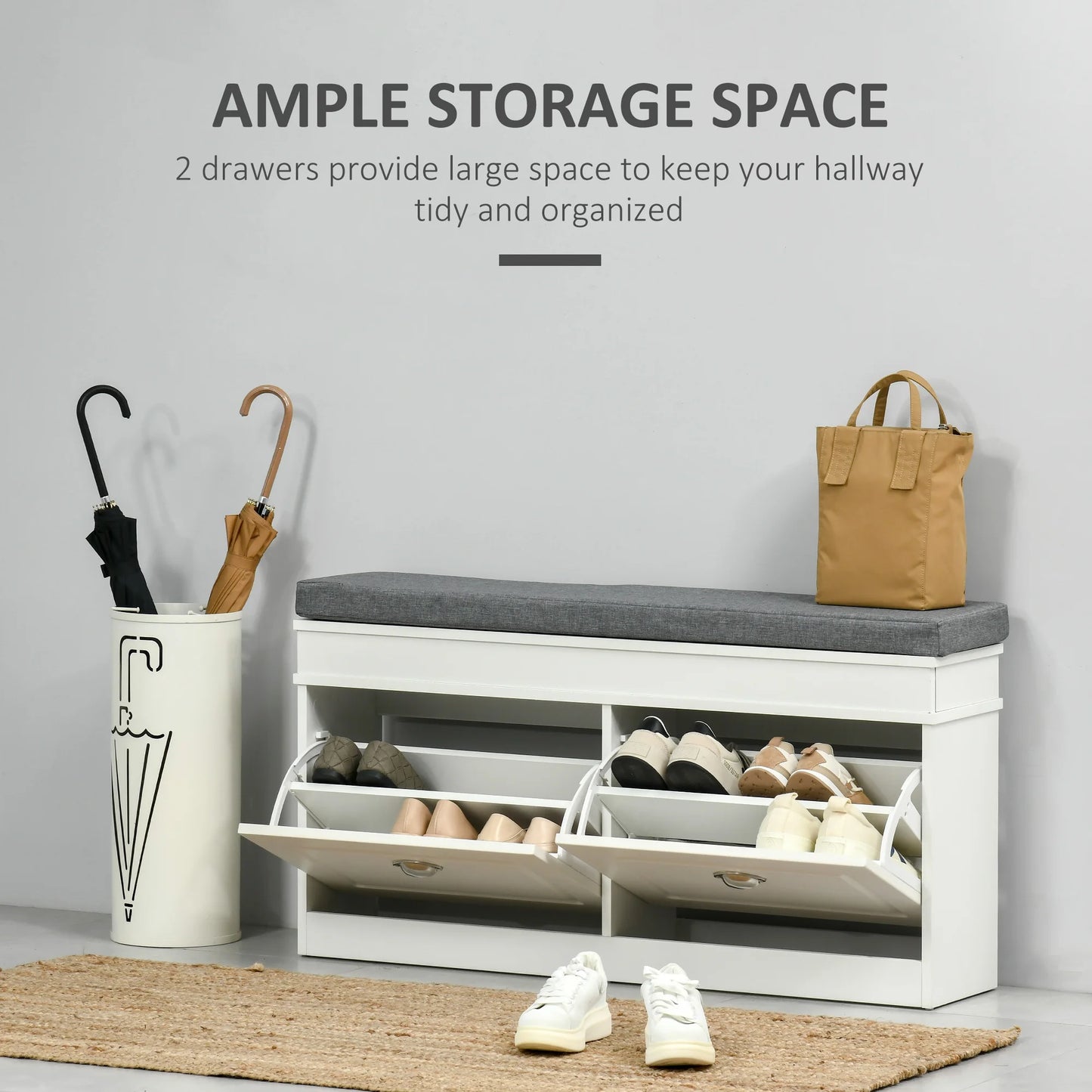 41" Entryway Shoe Rack Bench Storage Organizer Ottoman W/ 2 Drawers, Cushion