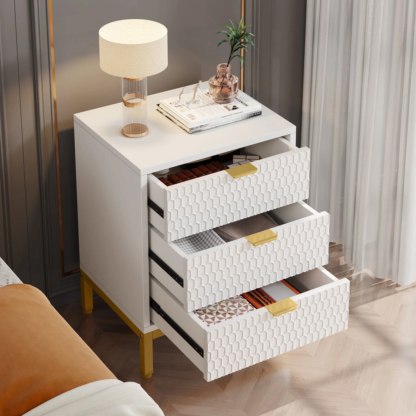 Nightstand, 65.5 cm Tall Bedside Table with 3 Drawers, Contemporary End Side Table with Storage