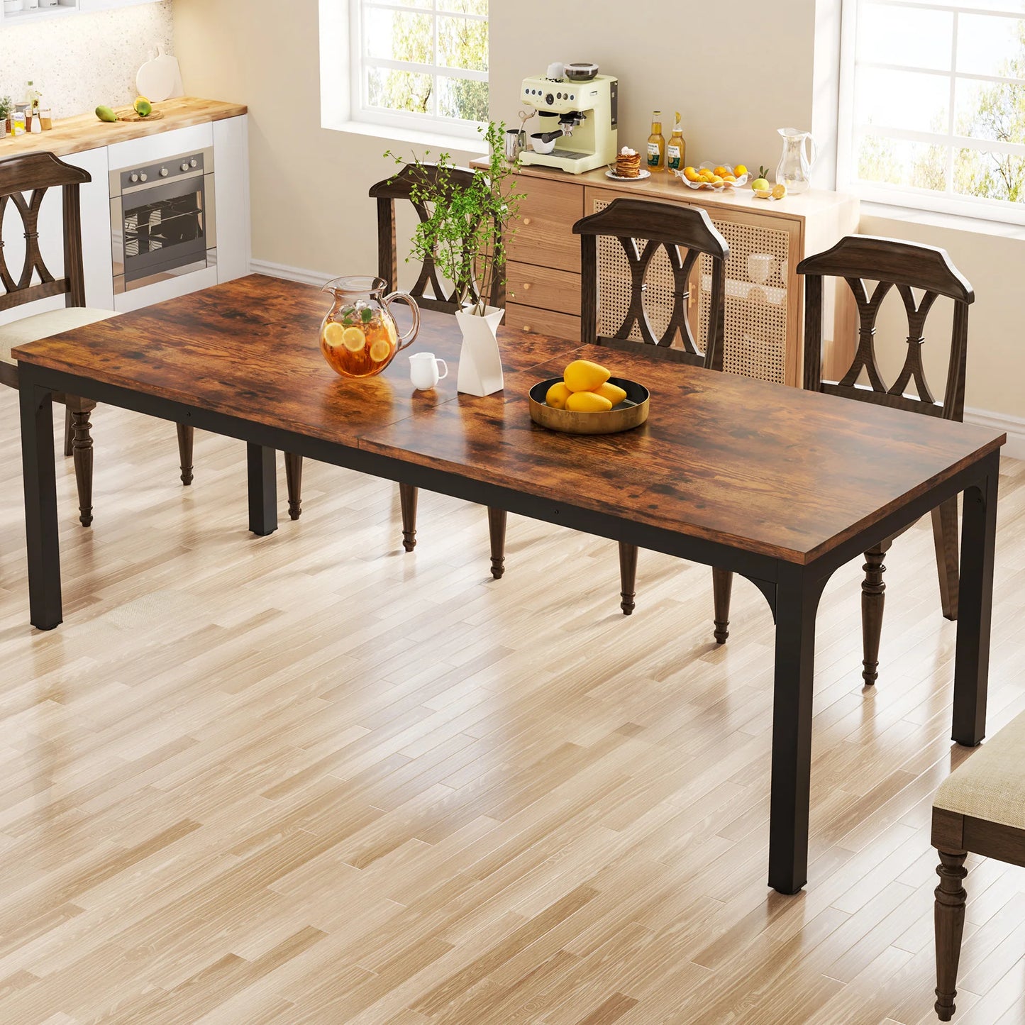 Dining Table for 6-8 People, 200cm Large Narrow Long Rectangular Kitchen Dinner Table, Rustic Wood