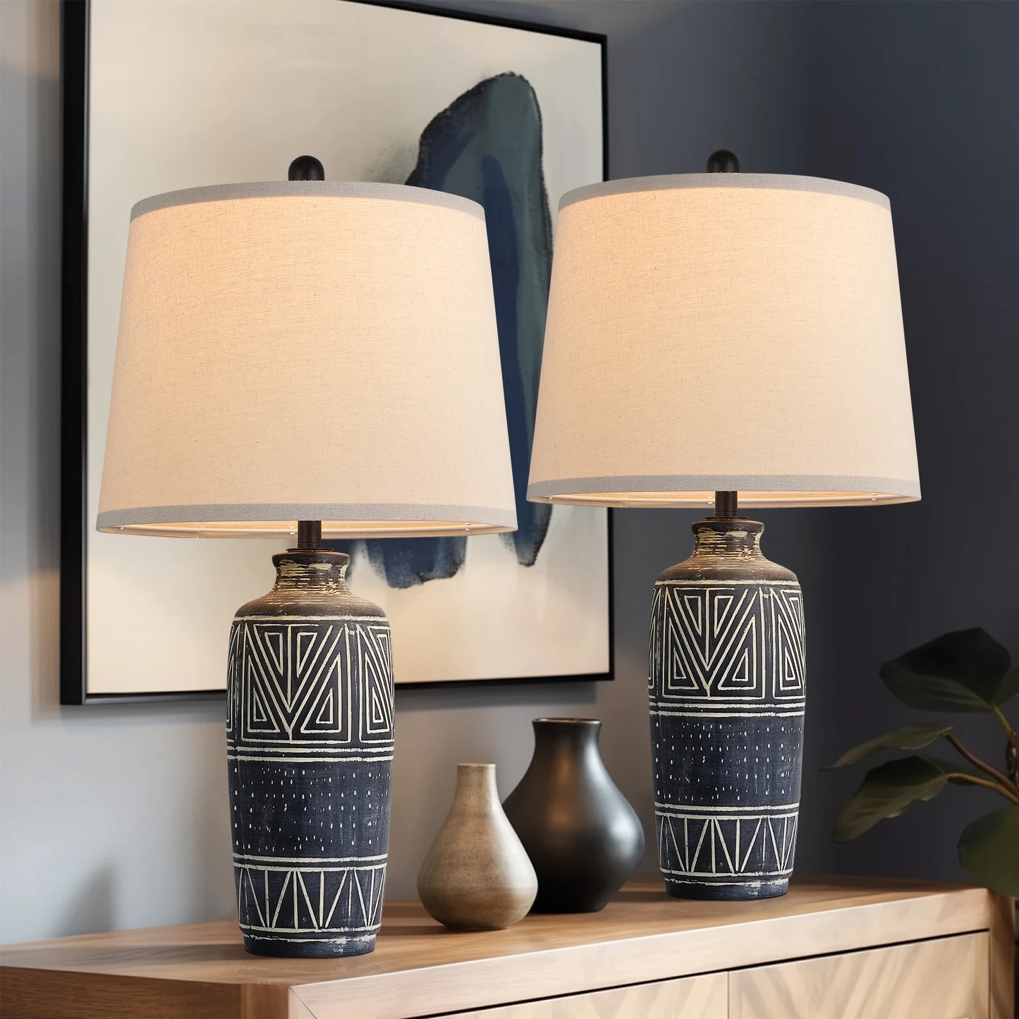 2 Pack 25-Inch Carved Geometric Ceramic Table Lamp With Linen Shade