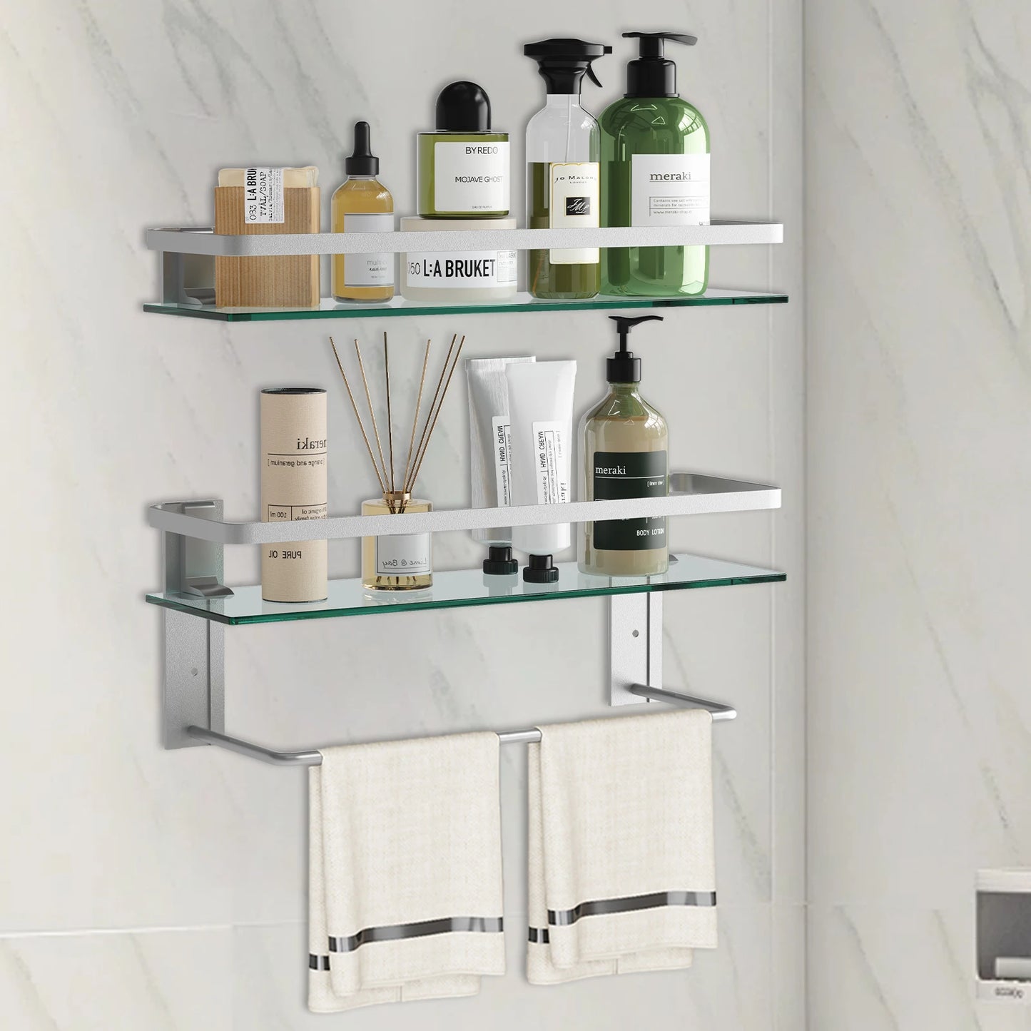 Glass Bathroom Shelf with Towel Bar 15.7in