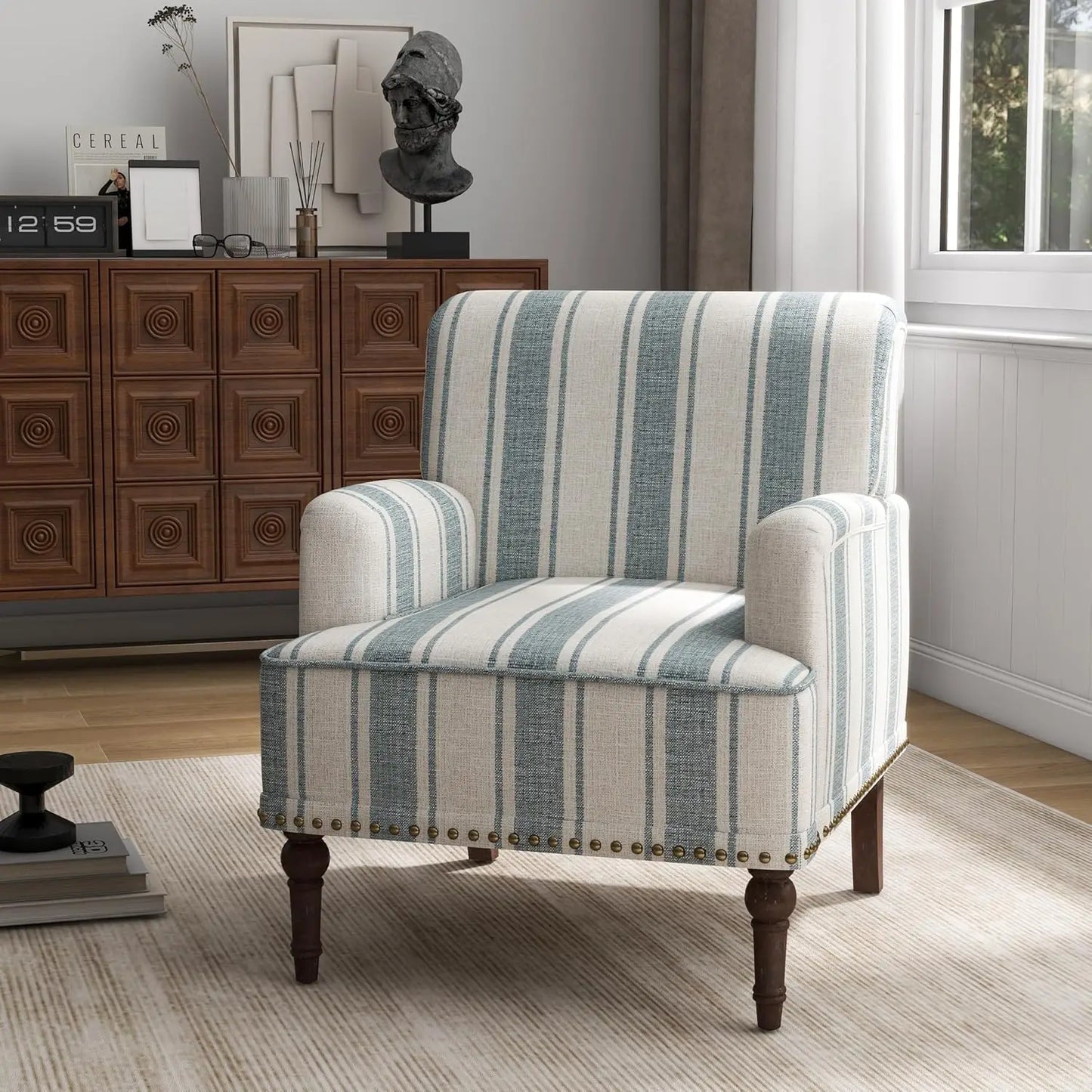 Stripe Accent Chairs Set of 2, Living Room Arm Chair Modern Nailhead Trim