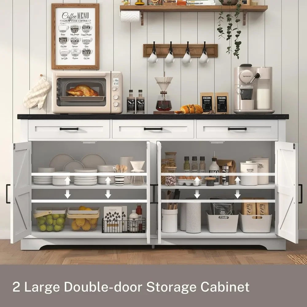 63” Large Buffet Cabinet, Sideboard Buffet Storage Cabinet with 3 Drawers, Farmhouse Coffee Bar with 4 Doors, for Kitchen