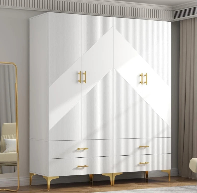 Wardrobe Armoire with 2 Drawers, 2 Doors and Hanging Rods, Twill Wooden Closet Storage with Metal Cabinet Legs, White