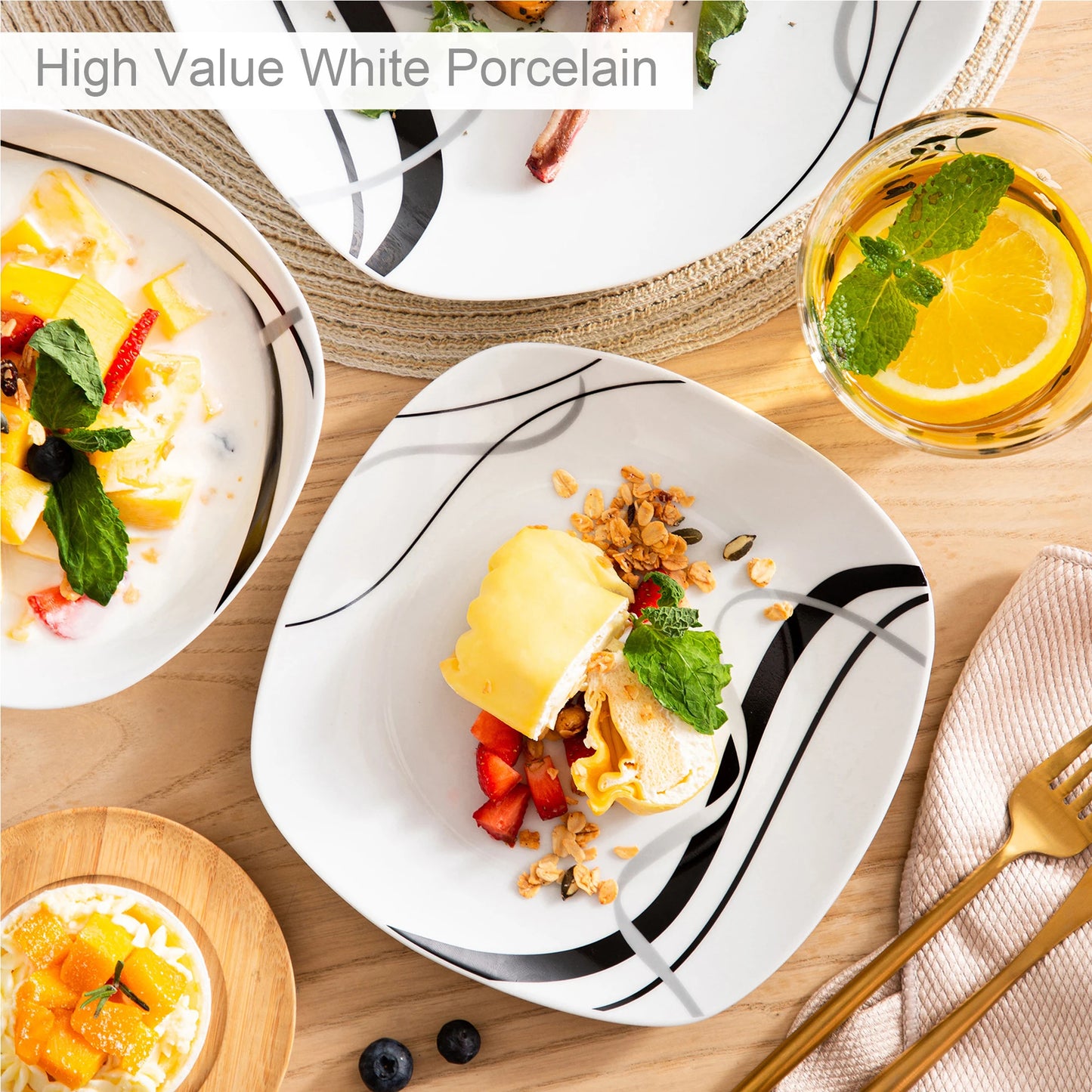 18/36-Piece Porcelain Ceramic Black Line Kitchen Tableware Dishes Plate Set with Dinner Plate,Dessert,Soup Plate