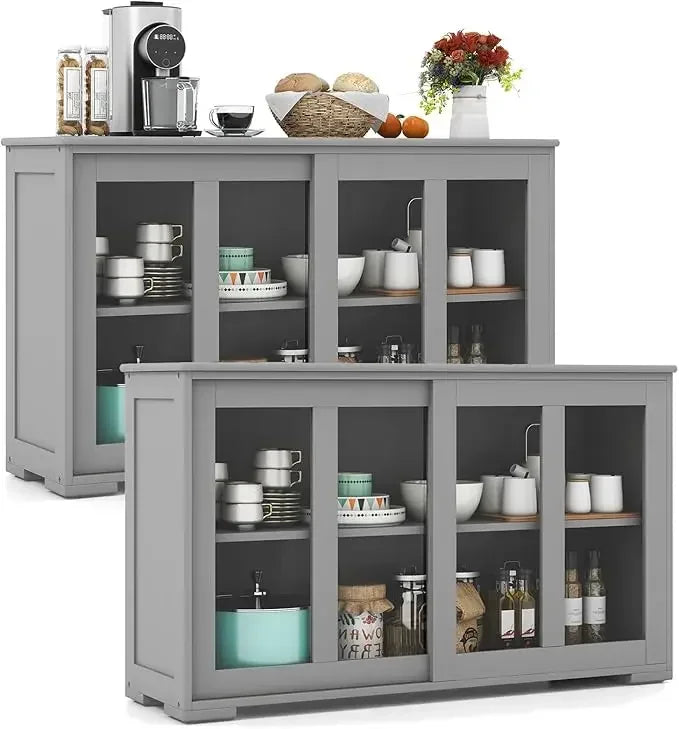 Buffet Sideboard with Storage, with Sliding Tempered Glass Cabinet & Adjustable Shelf, Stackable Storage