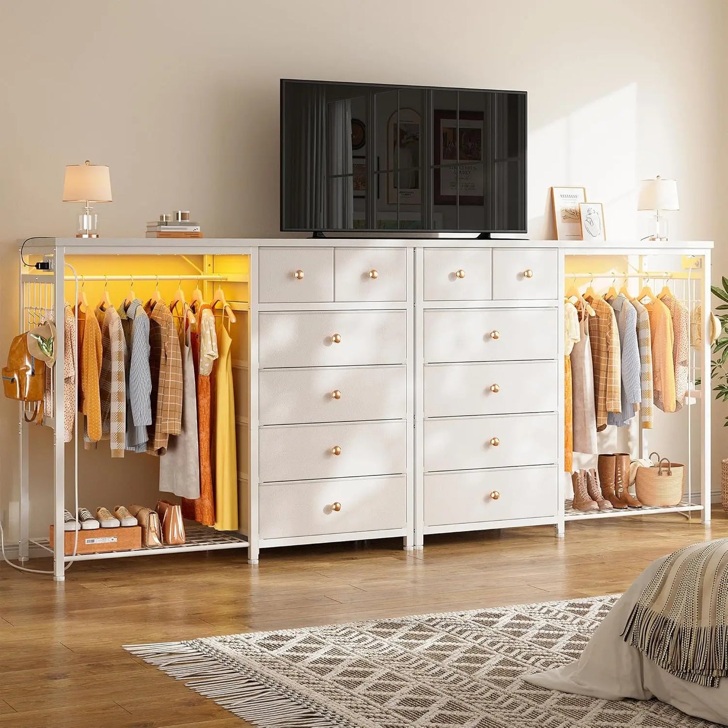 49.2" W White Dresser for Bedroom with Hanging Rack, 6 Drawers Dresser with LED Lights & Charging Station, Fabric Dressers