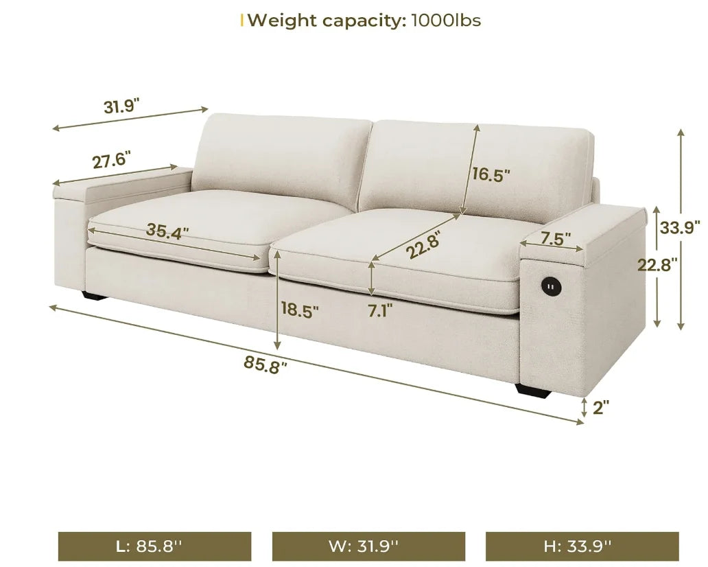 Sofas Couches for Living Room, Comfy Couch with Extra Deep Seats, Oversized Loveseat Sofa with Storage and 2 USB Chargin