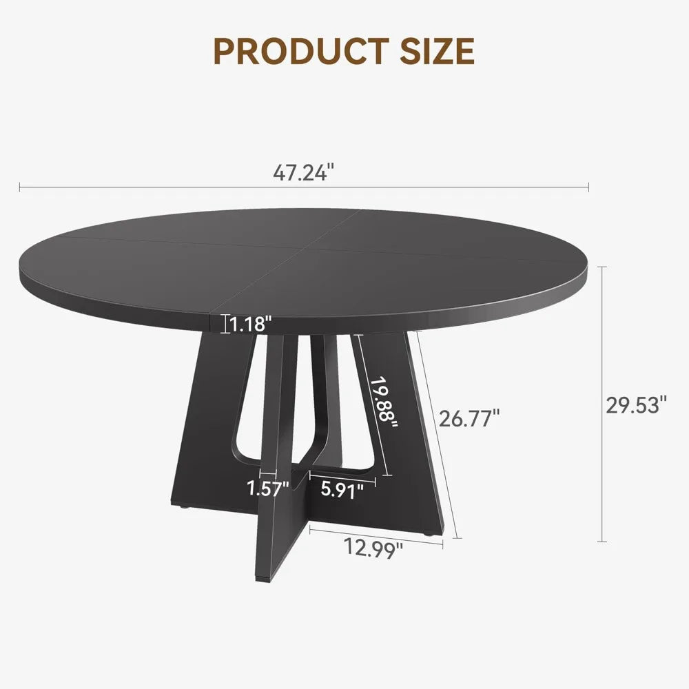 Farmhouse 47-Inch Round Large Dining Table Set for 4 to 6, with Wooden Top and Legs for Home Dining Room or Living