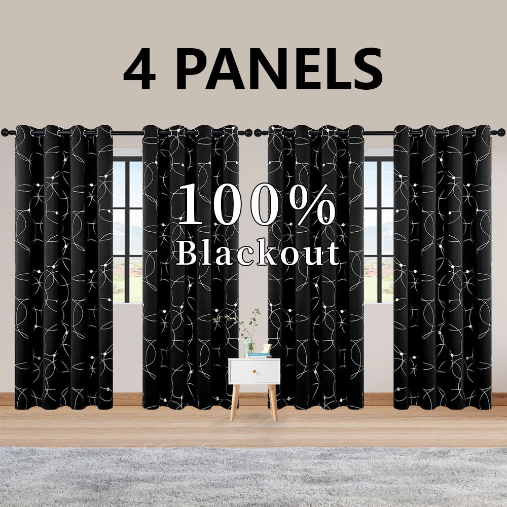 4 PCS Circle And Dots Foil Blackout Curtains Grommet Thermal Insulated