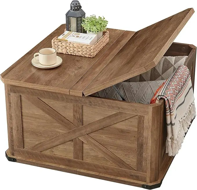 Farmhouse Coffee Table with Storage, Square Coffee Table for Living Room with Flip-Top Lids, Honey Brown and Rust
