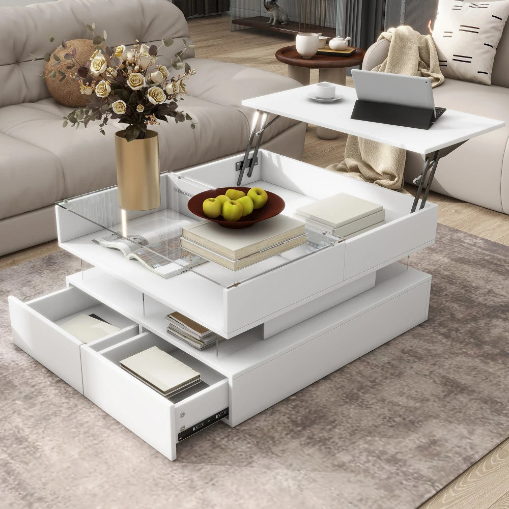 Glass Top Lift-Top Coffee Table with 2 Drawers,High-Gloss Finish,Hidden Space and LED Lights for Living Room