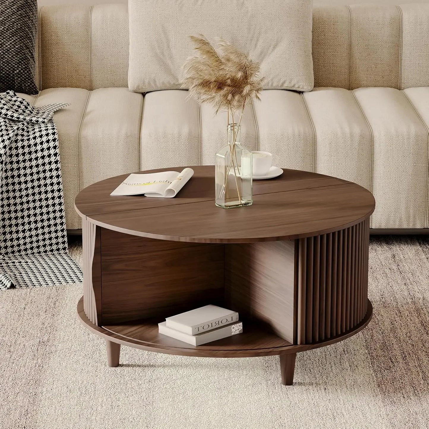 Round Coffee Table with Storage with Sliding Cabinet Door for Living Room