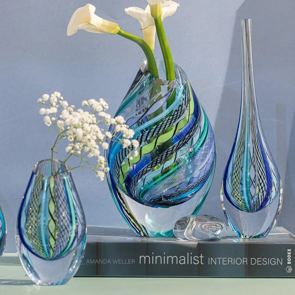 Drop Glass Vase Twisted Hippie Blue/Green Canes Hand Blown Murano-Style Art Glass