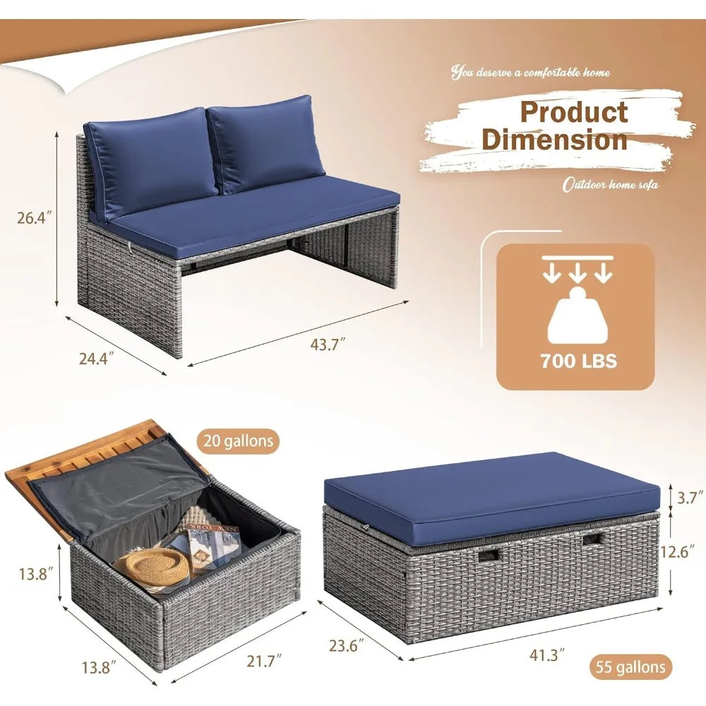 Patio Daybed Set Multifunctional Rattan Lounge Bed with 2 Side Tables for Backyard Porch