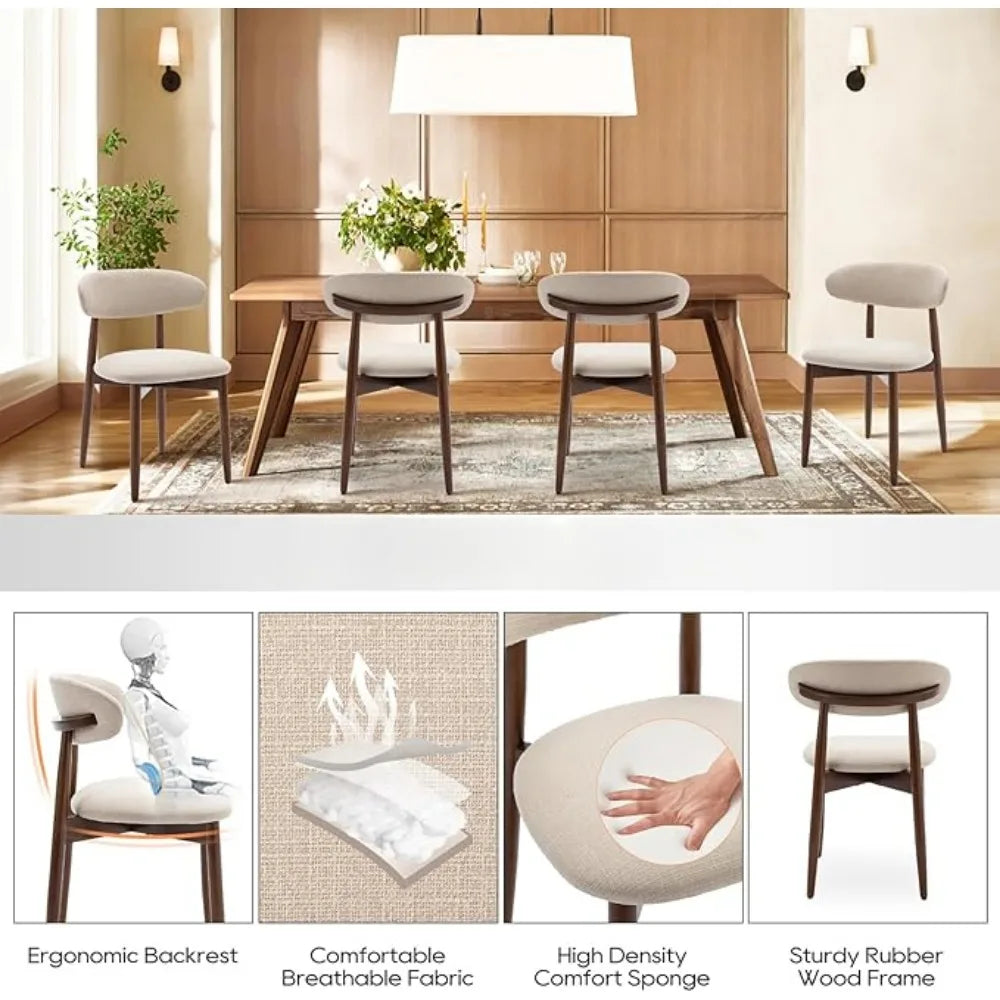 Wooden Dining Chairs Set of 4, Modern Fabric Upholstered Kitchen Side Chairs, Farmhouse Dining Room Chair with Foot Pegs, Beige