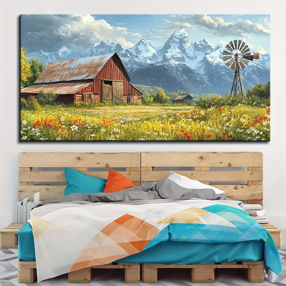 1.5 inch thick pine solid wood frame, natural canvas painting of country farmhouse, modern home art, interior decoration