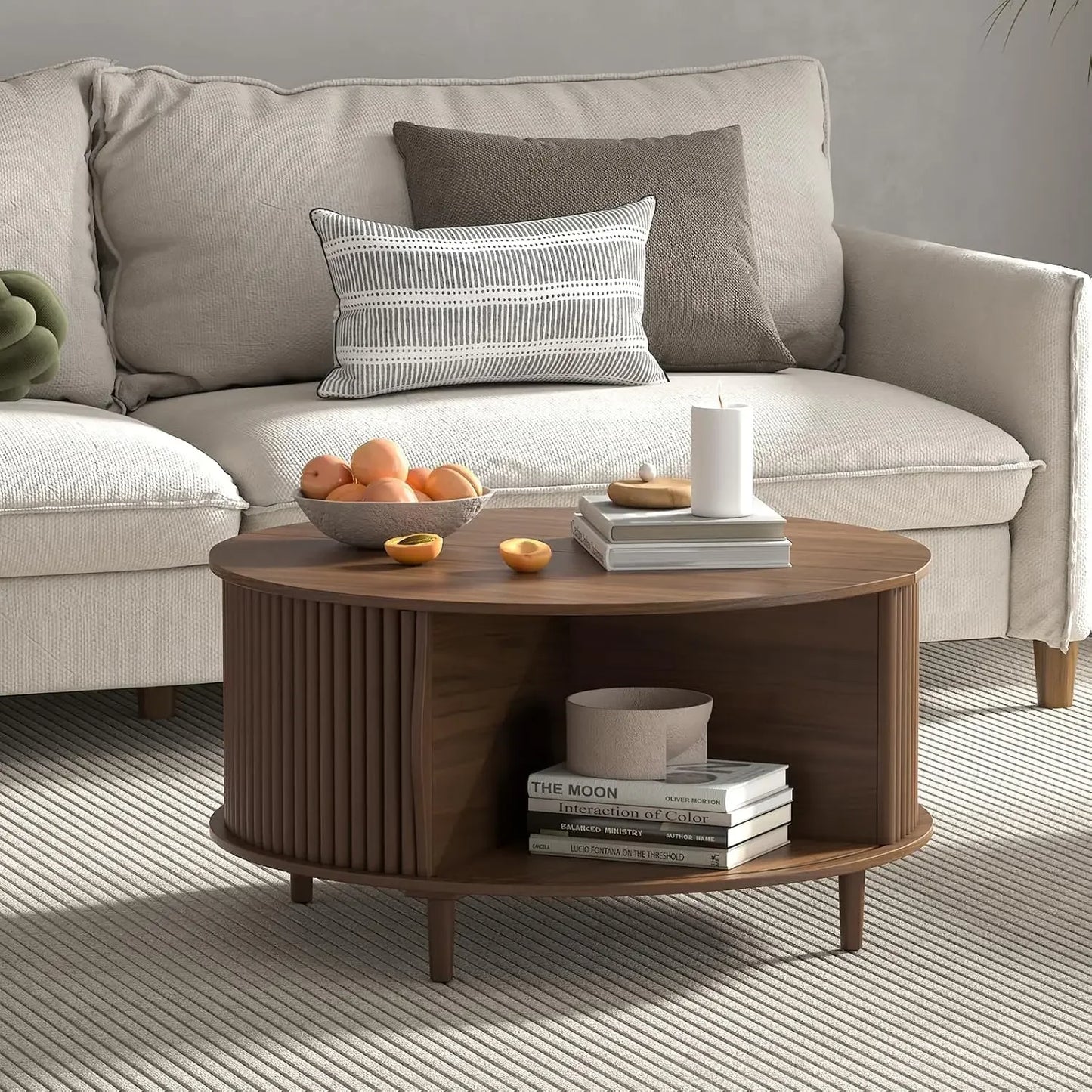 Round Coffee Table with Storage with Sliding Cabinet Door for Living Room