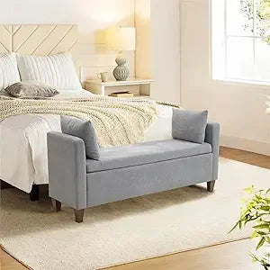 55" End of Bed Bench for King Size Bed, Upholstered Long Ottoman Bench with Arms and 2 Pillows