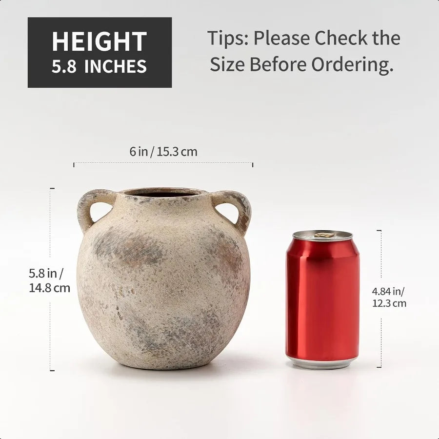 Ceramic Terracotta Vase with Handles, 5.8 Inch Decorative Rustic Vase for Home Decor Farmhouse Living Room Table