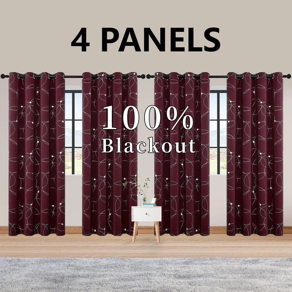 4 PCS Circle And Dots Foil Blackout Curtains Grommet Thermal Insulated