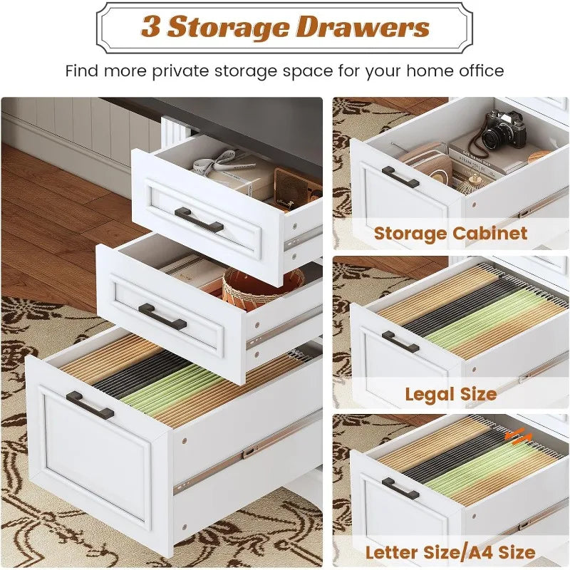 Farmhouse 69" Executive L Shaped Desk, Home Office Desk with Drawers and Storage Cabinet & Power Outlet