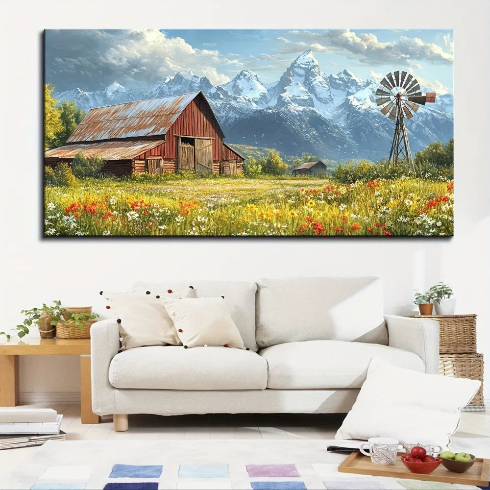 1.5 inch thick pine solid wood frame, natural canvas painting of country farmhouse, modern home art, interior decoration