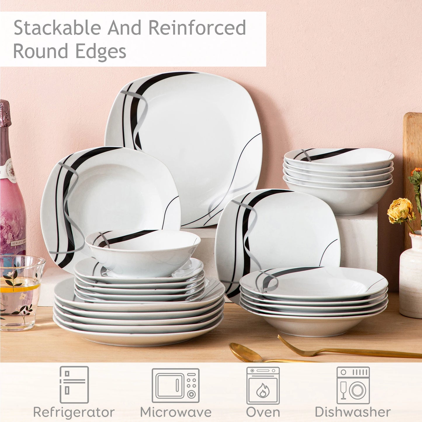 18/36-Piece Porcelain Ceramic Black Line Kitchen Tableware Dishes Plate Set with Dinner Plate,Dessert,Soup Plate