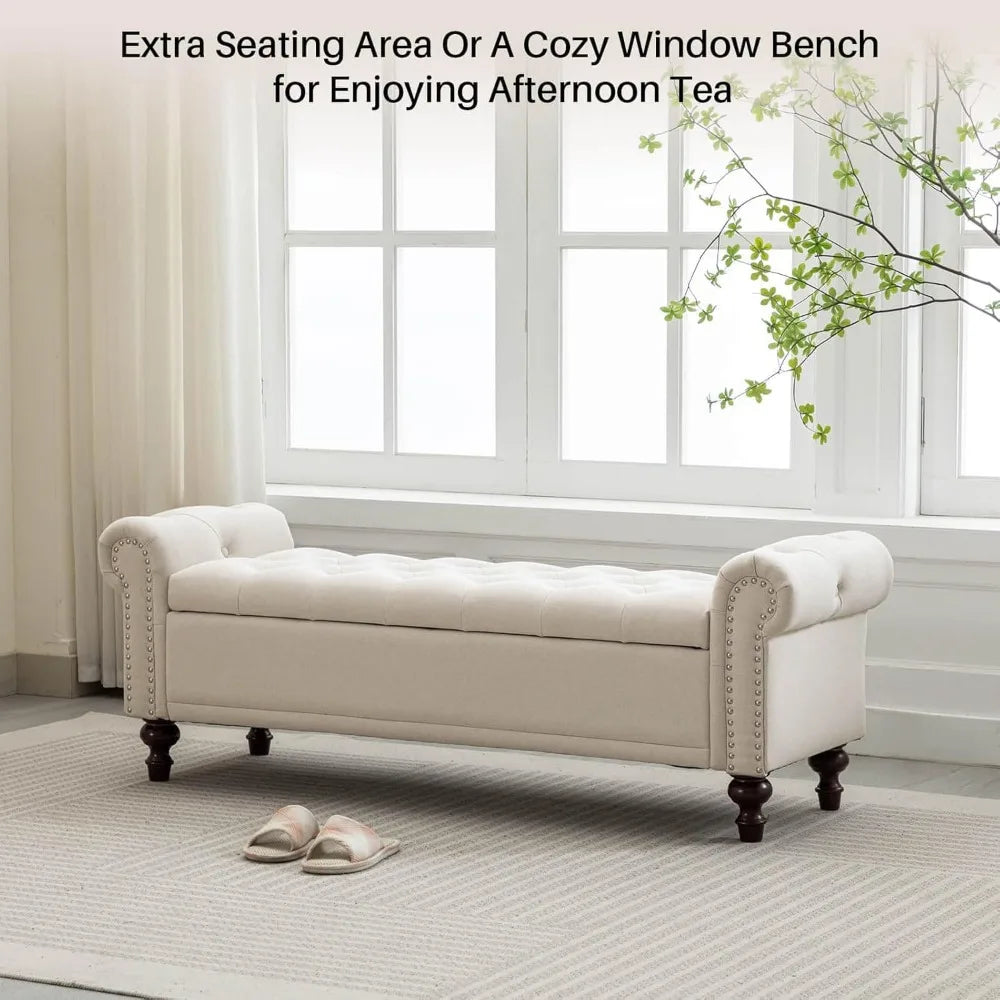 58.1'' Storage Bench Upholstered Linen, End of Bedroom Bed Bench, Ottoman with Tufted Cushion Rolled Arm Large Storage Space